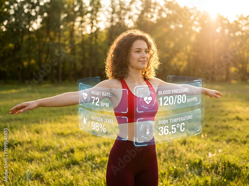 Woman Exercising Outdoor with Virtual Health Dashboard UI Interface