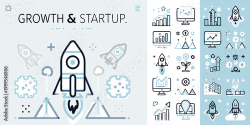 Growth and startup themed vector icons with rocket graph and gear illustrations