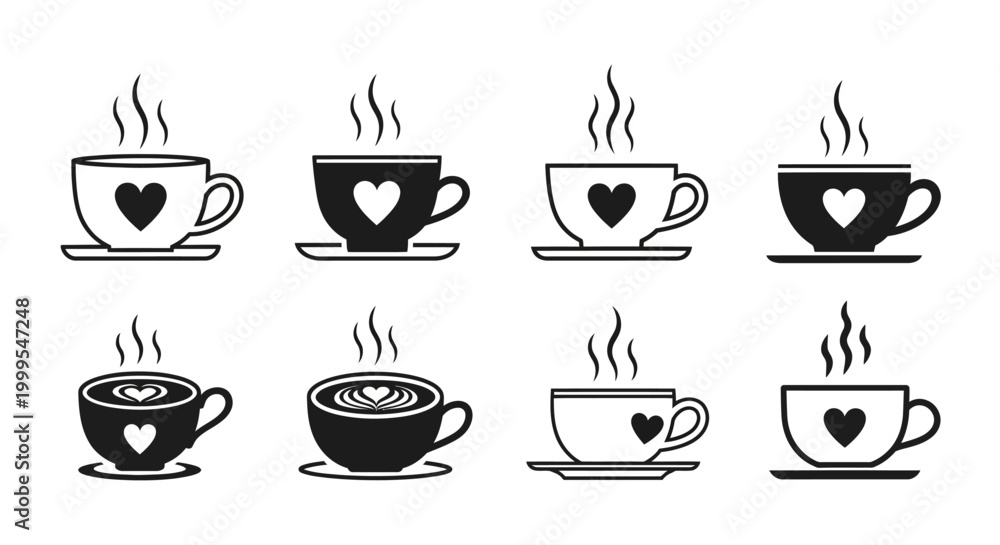 Obraz premium Detailed coffee cup icon set with heart latte art and steam for cafe menu design premium morning beverage symbols with saucer and mug branding illustrations