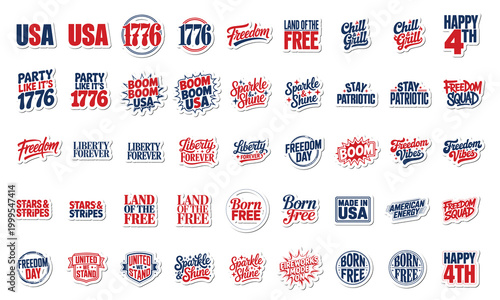 A mega set of creative patriotic typography elements and slogans for Independence Day celebrations. Featuring various styles like Freedom Vibes, Land of the Free, and USA themes in red, white, and blu