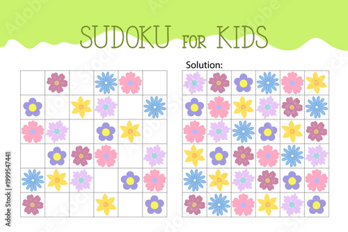 Cute flowers sudoku educational game or leisure activity worksheet illustration, printable grid to fill in missing images, spring seasonal, Easter vocabulary, puzzle with solution, teacher resources