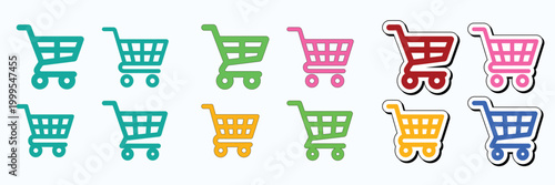 Set of colorful shopping cart icons and supermarket trolley symbols.