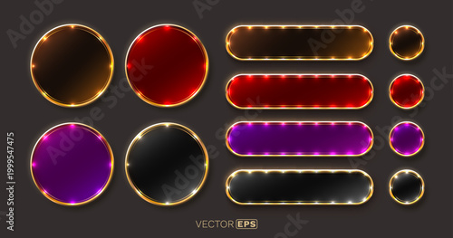 Elegant glowing buttons and badges with golden frames.