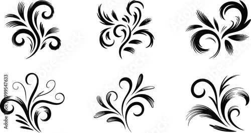 Black floral swirl icons, vector ornamental set, decorative leaf elements, elegant design motifs