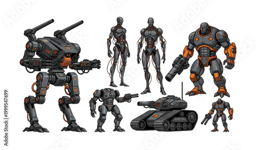 Industrial robot warrior collection with heavy cyborg mechs and futuristic humanoid battle droids for gaming