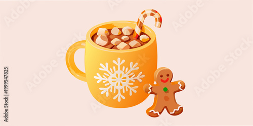 Hot cocoa mug with marshmallows and gingerbread man illustration