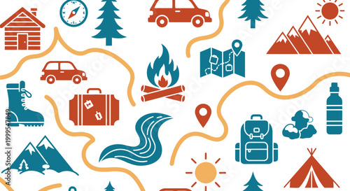 Seamless pattern with camping and travel icons including mountains tents fire and hiking gear for outdoor adventure design