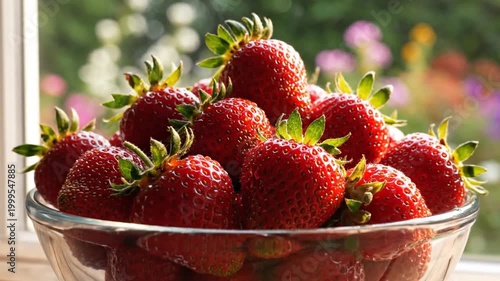 Bowl of Fresh Ripe Red Strawberries with Green Tops