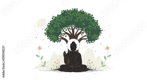 Buddha Meditating Under Bodhi Tree Vector Illustration