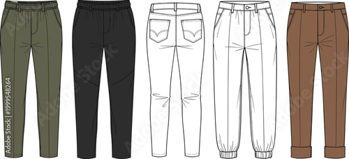 Set of Fashionable Pants Vector Illustrations Including Joggers, Cargo, and Casual Styles for Clothing, Apparel, and Fashion Design