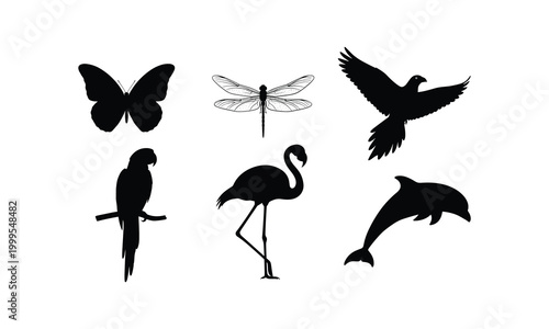 Canvas Print Wild animals vector silhouette illustration set, line art of butterfly dragonfly eagle parrot