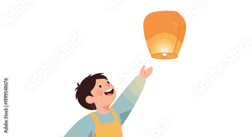 Happy Child Reaching for Orange Sky Lantern Vector Illustration