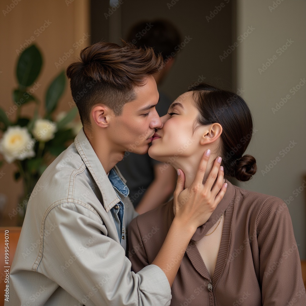 Naklejka premium Romantic couple kissing in city street, love and relationship concept, emotional connection between young adults