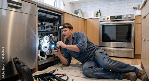 Appliance repair technician fixing broken dishwasher in modern kitchen. Professional handyman inspecting machine with flashlight