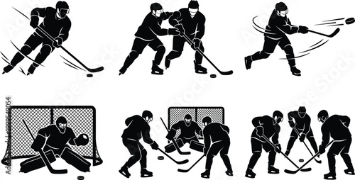 Ice hockey players silhouettes set action shots goalie defense offense skating puck isolated vector illustration