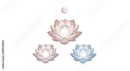 Set of three pastel lotus flower vector illustrations with glowing centers