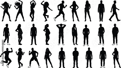 People silhouettes set diverse men and women dancing walking standing active lifestyle poses collection