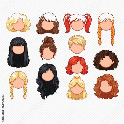 Set of various female hairstyles and hair types including braids, buns, curls, and straight hair, presented as a flat vector illustration collection for beauty salon and fashion design project assets.