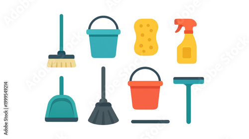 A colorful illustration of various cleaning tools and supplies