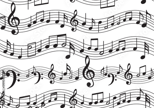 Seamless pattern with musical notes and treble clefs on wavy staff lines