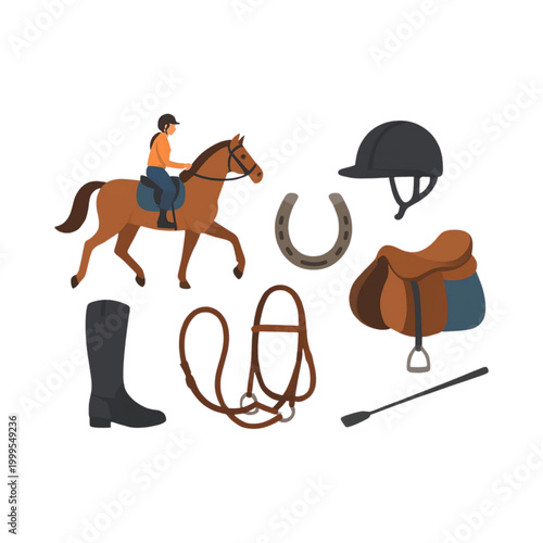 A vector graphic illustration of equestrian equipment and a horse rider