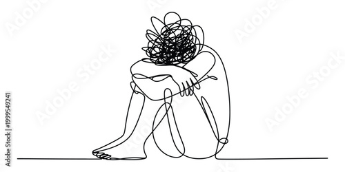 Sad person sitting with head down, drawn in a single continuous line art style, representing loneliness and despair Vector, illustration