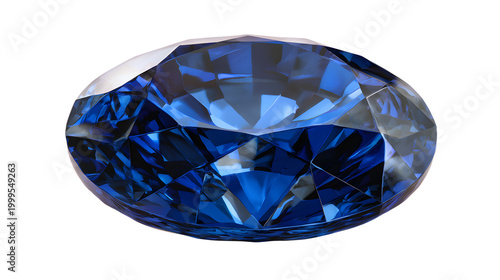 gemstone cutout of oval blue sapphire, precious faceted stone with deep color and brilliant luxury shine, sharp focus, clean edges high definition, isolated on white background