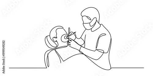 Dentist examining patient's teeth with tools, one line art drawing Vector, illustration