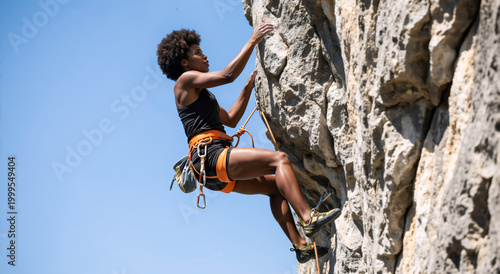 Young Black woman rock climbing on a steep cliff. Athletic African American female climber with harness and gear reaching for a hold against a blue sky
