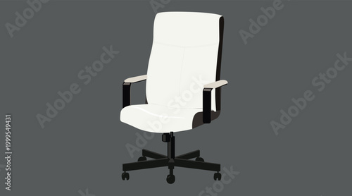 Modern executive office chair illustration: detailed black frame with white cushions, ergonomic desk chair with wheels, high-quality vector furniture.