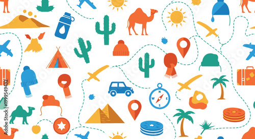 Seamless pattern with travel icons featuring camels cacti and pyramids for adventure and vacation design