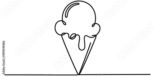 Single line drawing of an ice cream cone with melting scoop and cone Vector, illustration