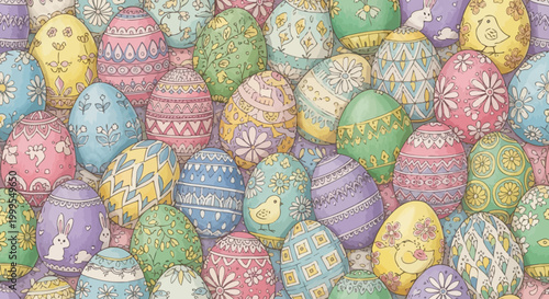 Colorful Easter eggs with floral patterns and cute animals