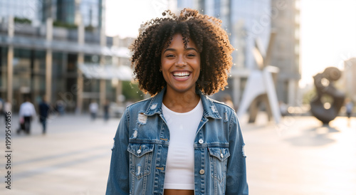 Smiling young African American woman in a denim jacket standing in a city plaza. Happy female portrait with curly hair in an urban environment. Modern lifestyle