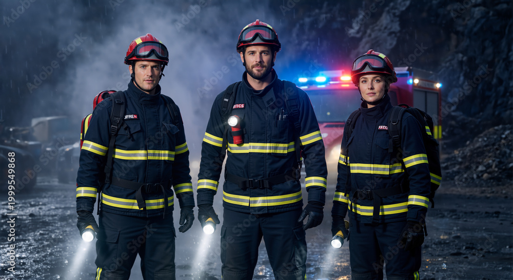 Fototapeta premium Team of three firefighters in protective gear standing in front of a fire engine. Brave emergency rescue crew with flashlights in a smoky environment