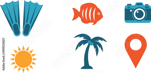 Set of colorful summer vacation and tropical travel icons including swim fins fish camera sun palm tree and location pin