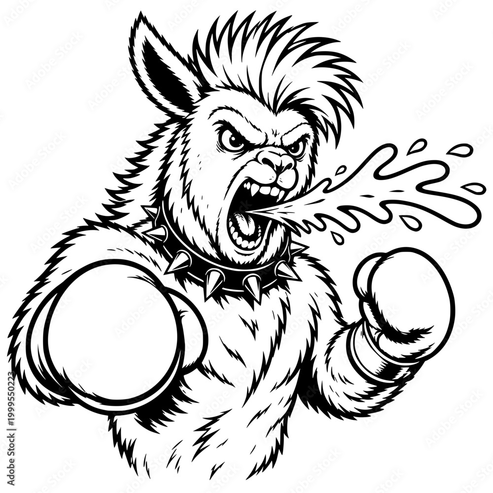 Naklejka premium angry llama boxer with gloves spitting forward in a bold monochrome cartoon illustration full of wild energy and attitude