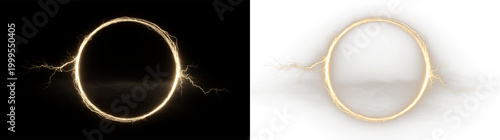 Golden circular design with lightning effects isolated on transparent and black background, for creative projects or digital art use, light overlay, PNG