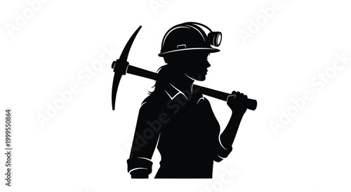 Miner with pickaxe and helmet black silhouette high quality professional detailed