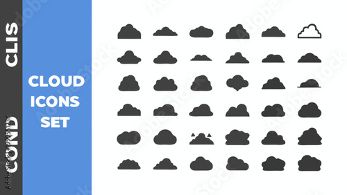 cloud icons set featuring various shapes and dark grey silhouettes