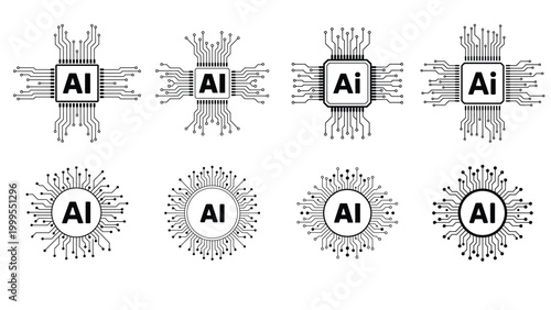 High quality vector of set of artificial intelligence AI microchip icons with circuit board lines.