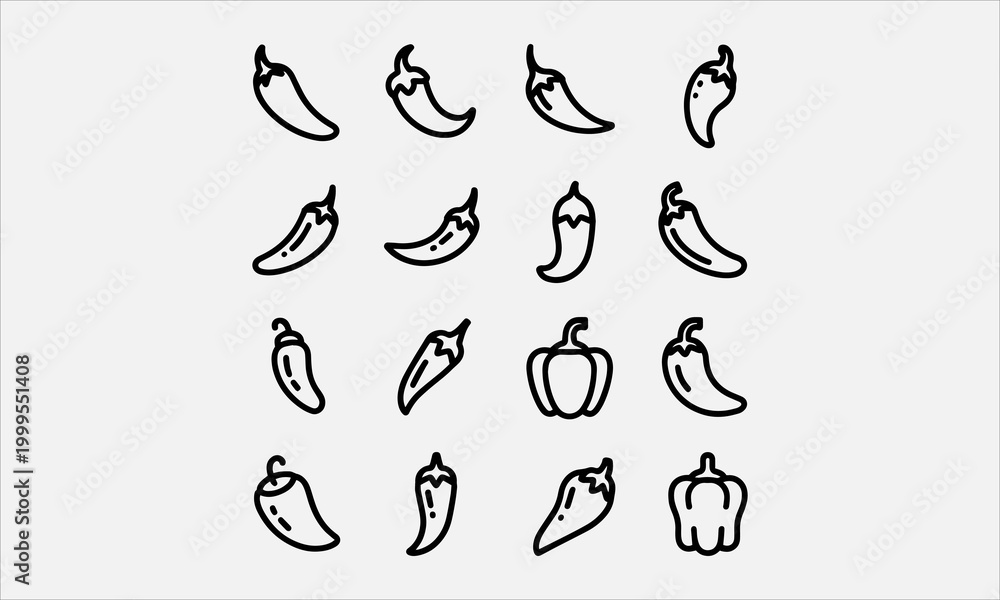 Naklejka premium A black and white chilli peppers illustration line art of a vector icon set page vector illustration