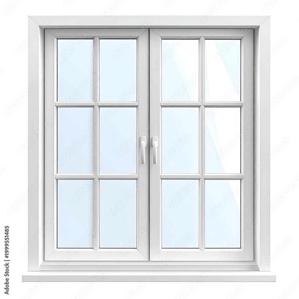 Obraz premium White double-hung window with a grid pattern, clear glass