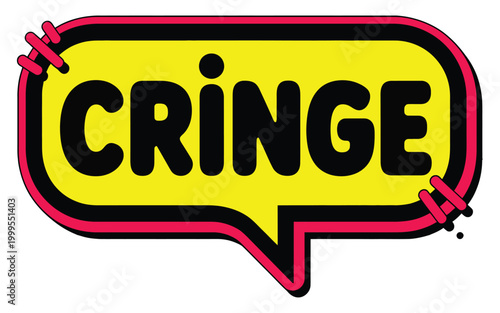 High quality vector of cringe word in yellow speech bubble with pink border and stitches.
