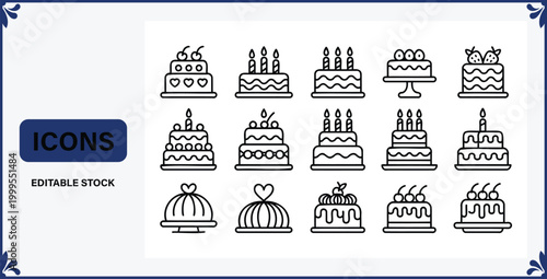 Collection of line art birthday cake icons and symbols for celebrations and parties