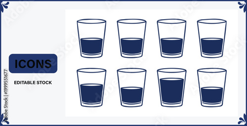 Eight glasses with different amounts of dark liquid inside for drink concepts