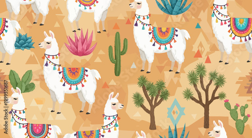 Vibrant desert landscape with white llamas and cacti
