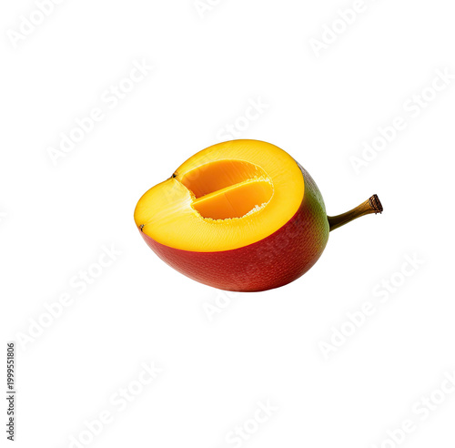 A perfectly halved tropical fruit, showcasing bright yellow flesh