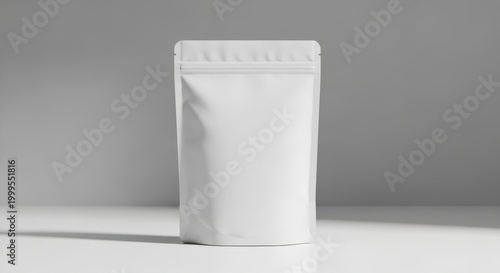 Blank white standing pouch packaging mockup on a clean light gray studio background