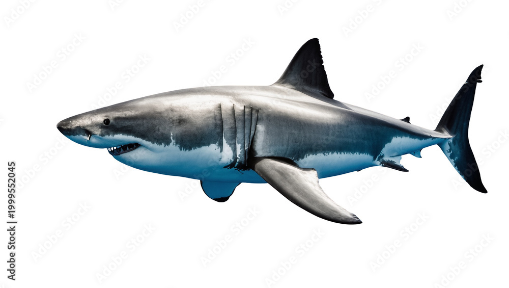 Fototapeta premium Gray Great White Shark Swimming Sideways with Open Mouth